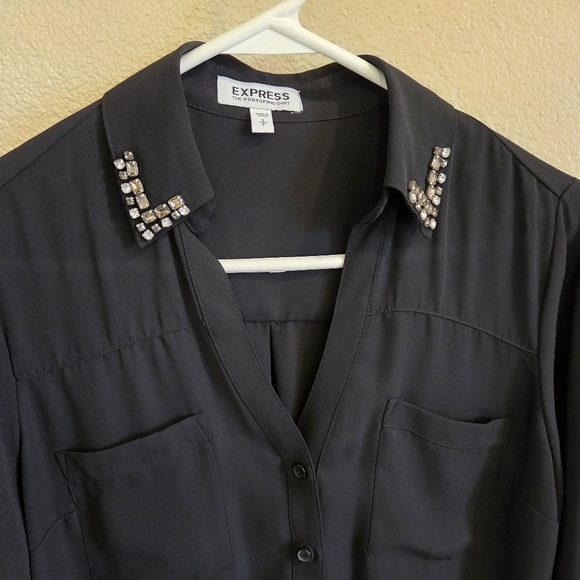 Express Women Portofino Black Button up Shirt With Rhinestones Size Small Career - Picture 5 of 14